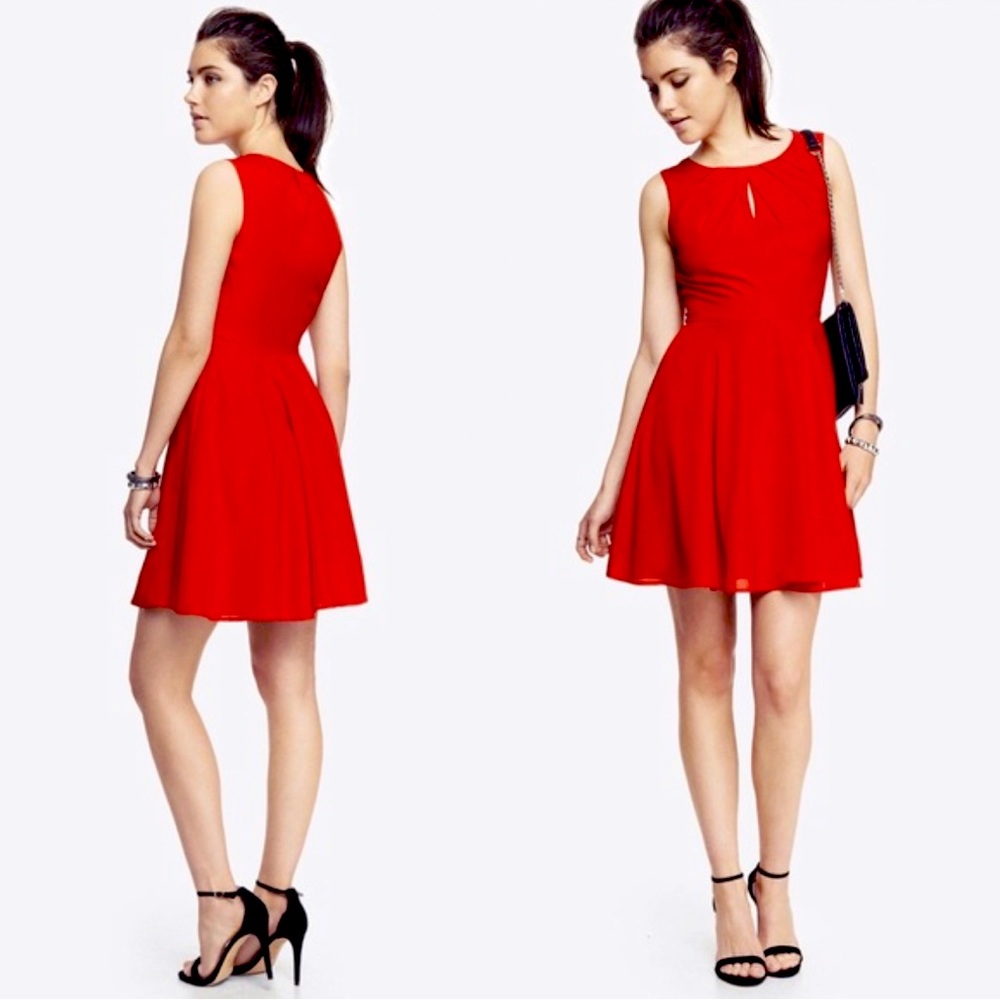 Express Red Silky Dress - pleated keyhole skater dress
